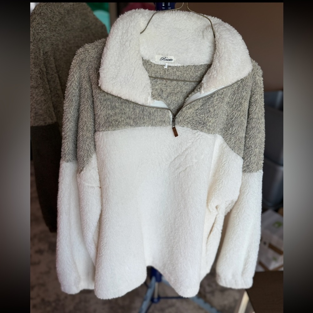 White and Gray Sherpa Pullover